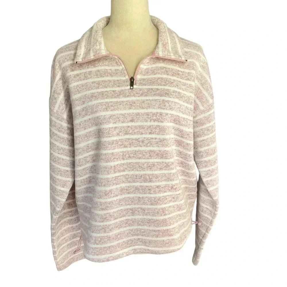 Thread & Supply Half Zip Pullover Stripes Pink White Fleece Sweater Women Size L
